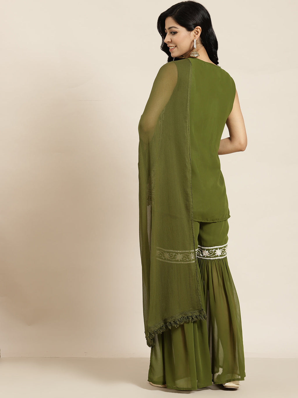Juniper Womens Mehandigreen Georgette Embroidered Kurta With Santoon Lining,Solid Embroidered Garara And Shiffon Solid Dupatta Set