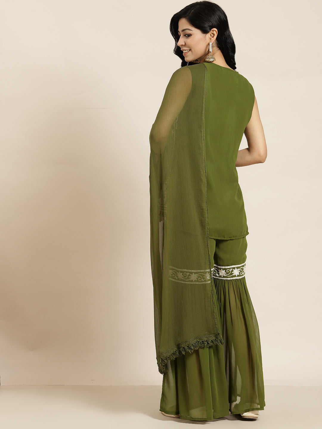 Juniper Womens Mehandigreen Georgette Embroidered Kurta With Santoon Lining,Solid Embroidered Garara And Shiffon Solid Dupatta Set
