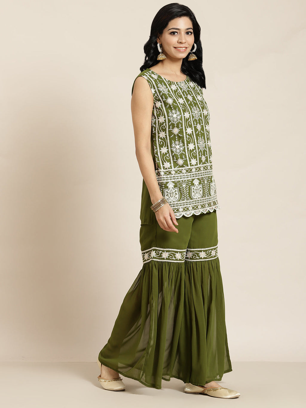 Juniper Womens Mehandigreen Georgette Embroidered Kurta With Santoon Lining,Solid Embroidered Garara And Shiffon Solid Dupatta Set