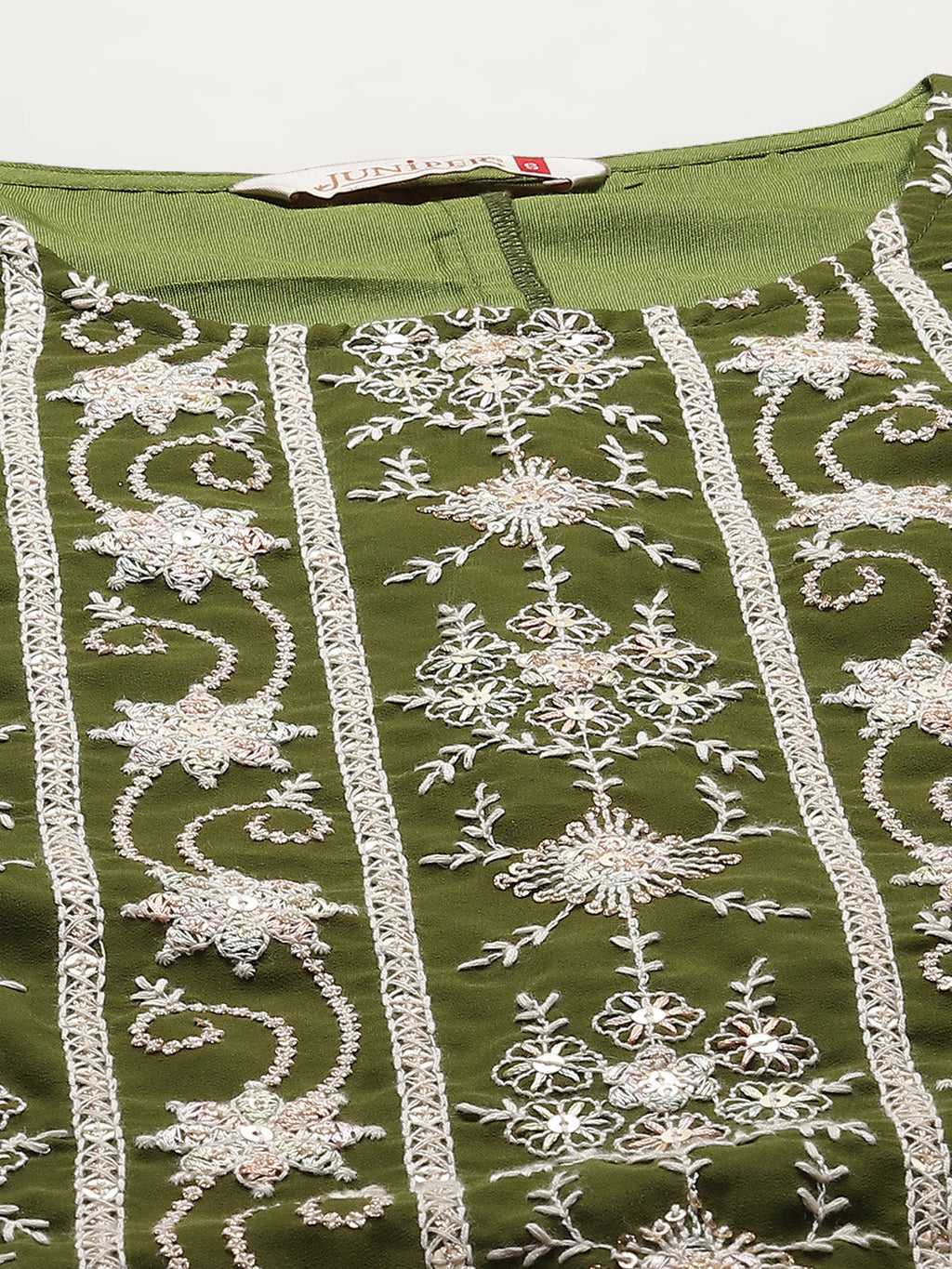 Juniper Womens Mehandigreen Georgette Embroidered Kurta With Santoon Lining,Solid Embroidered Garara And Shiffon Solid Dupatta Set