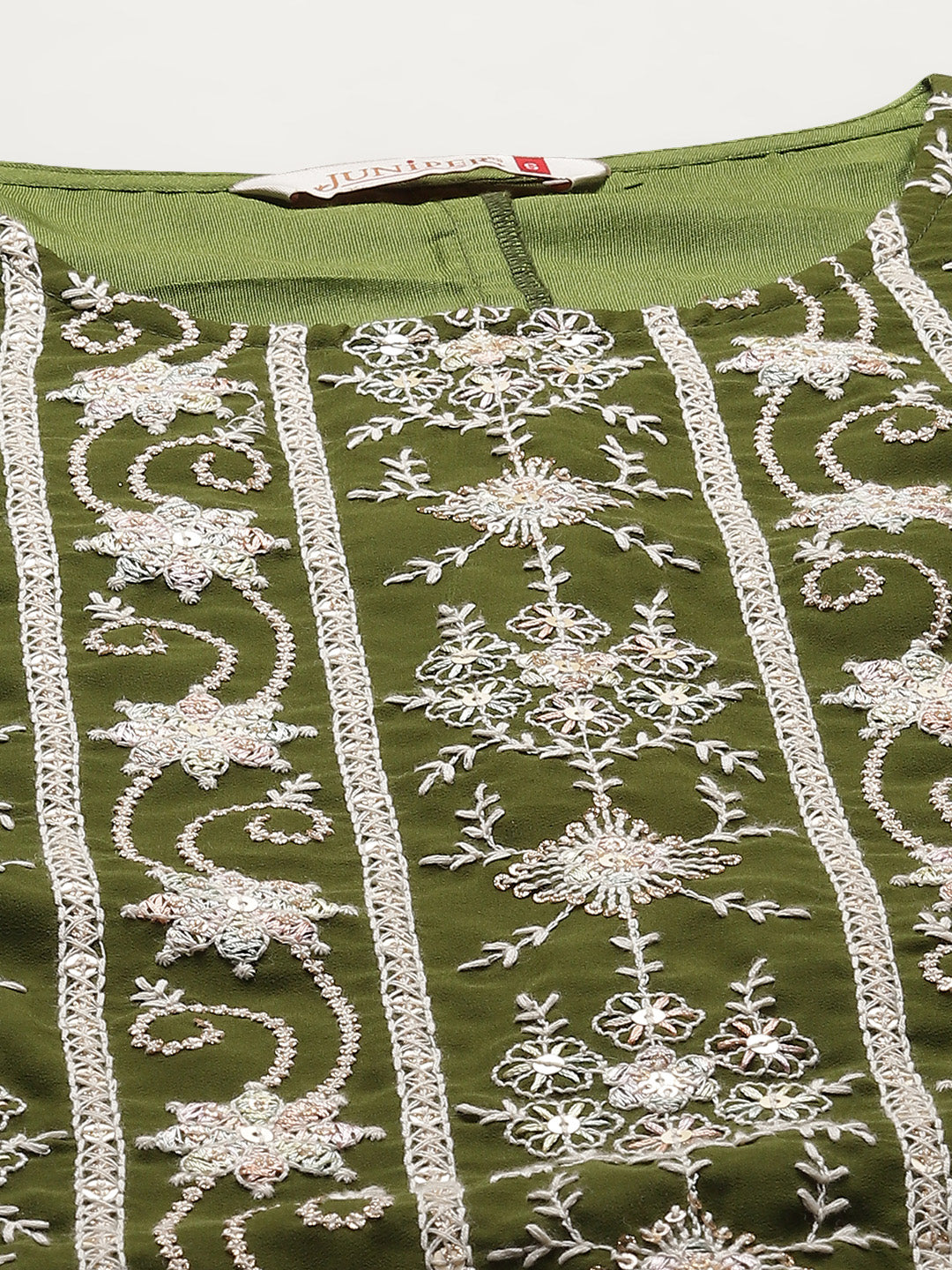 Juniper Womens Mehandigreen Georgette Embroidered Kurta With Santoon Lining,Solid Embroidered Garara And Shiffon Solid Dupatta Set