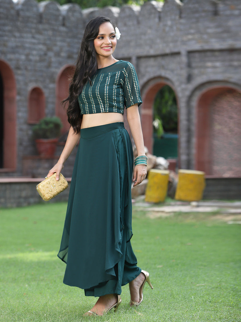 Juniper Womens Emeraldgreen Georgette Clothing Sets