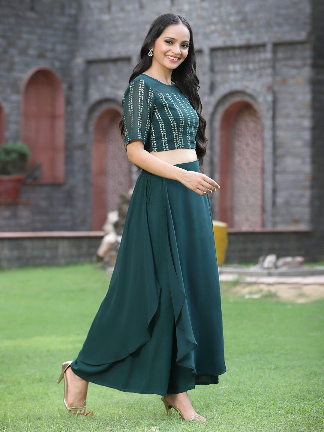 Juniper Womens Emeraldgreen Georgette Clothing Sets