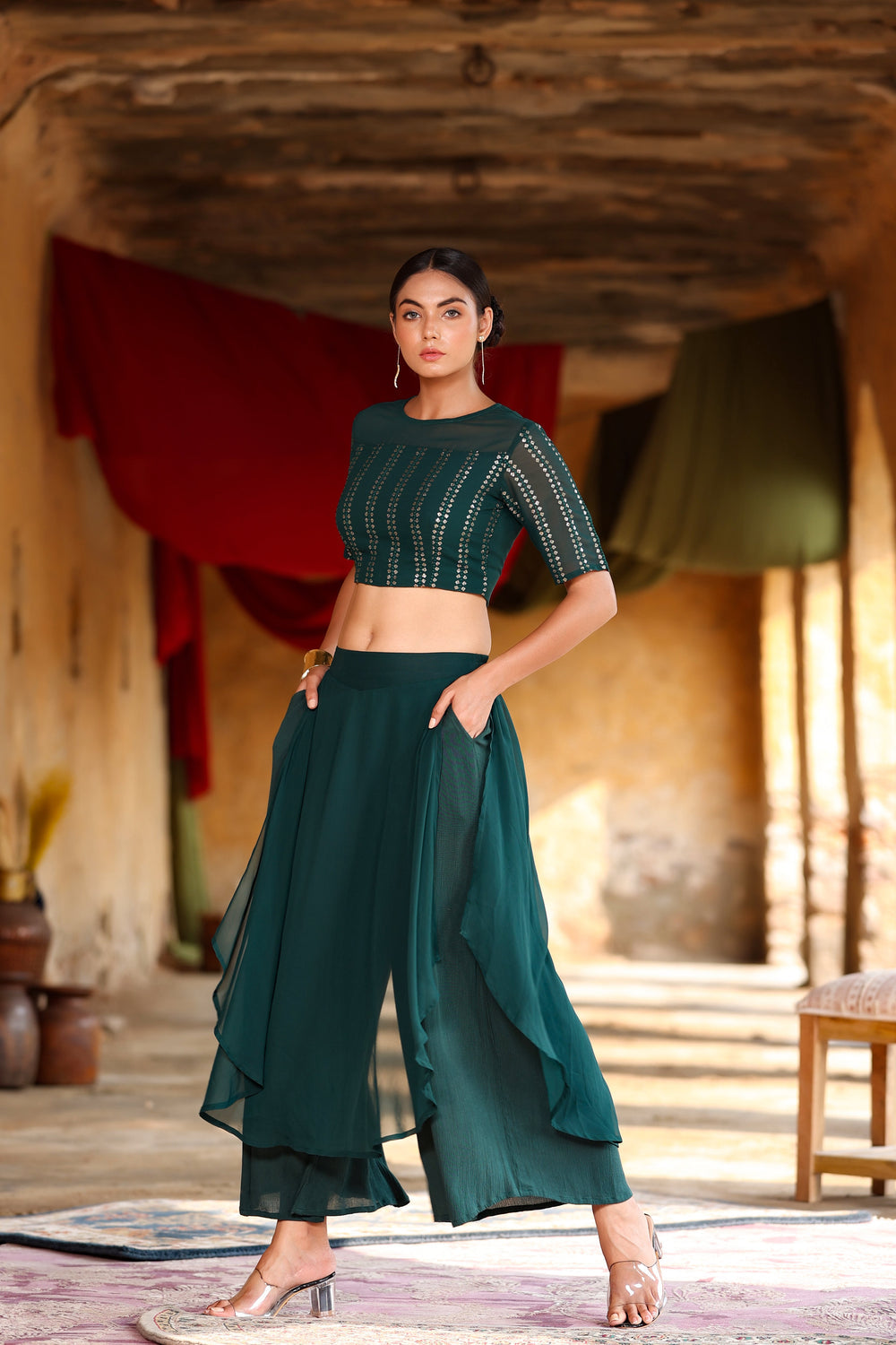 Juniper Women's Green Georgette Solid Fitted Clothing Set