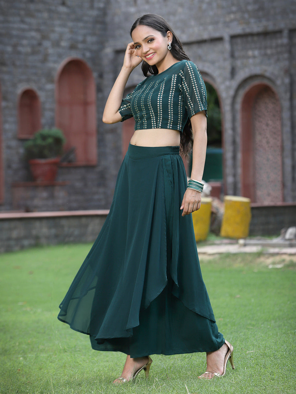Juniper Womens Emeraldgreen Georgette Clothing Sets