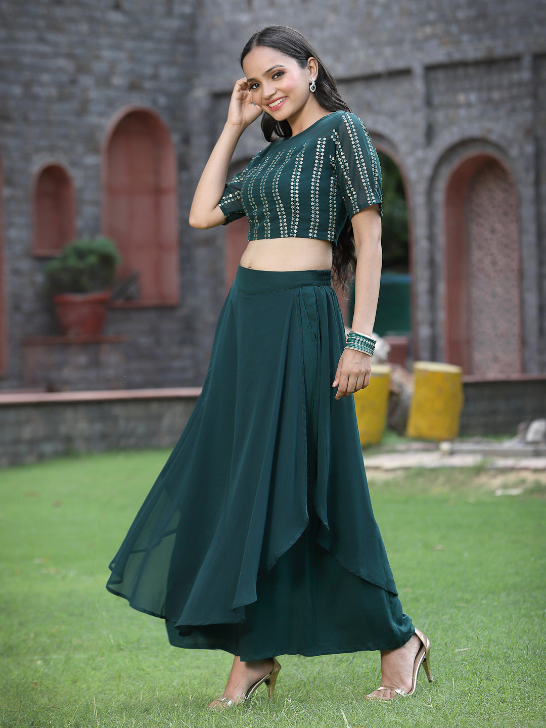Juniper Womens Emeraldgreen Georgette Clothing Sets