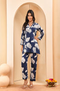 Vaasva Women Navy Pleated Cotton Printed Cord Set With Lace