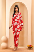 Vaasva Women Red Pleated Cotton Printed Cord Set With Lace