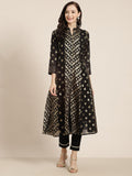 Juniper Women's Juniper Women`s Black Chanderi Silk Printed Anarkali Kurta