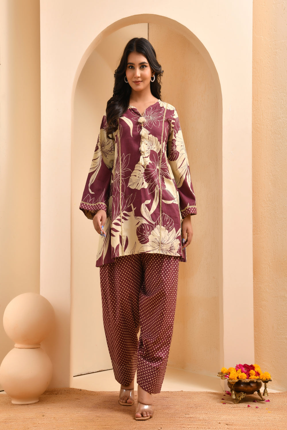 Vaasva Women Brown Cotton Cord Set With Fashi Pant