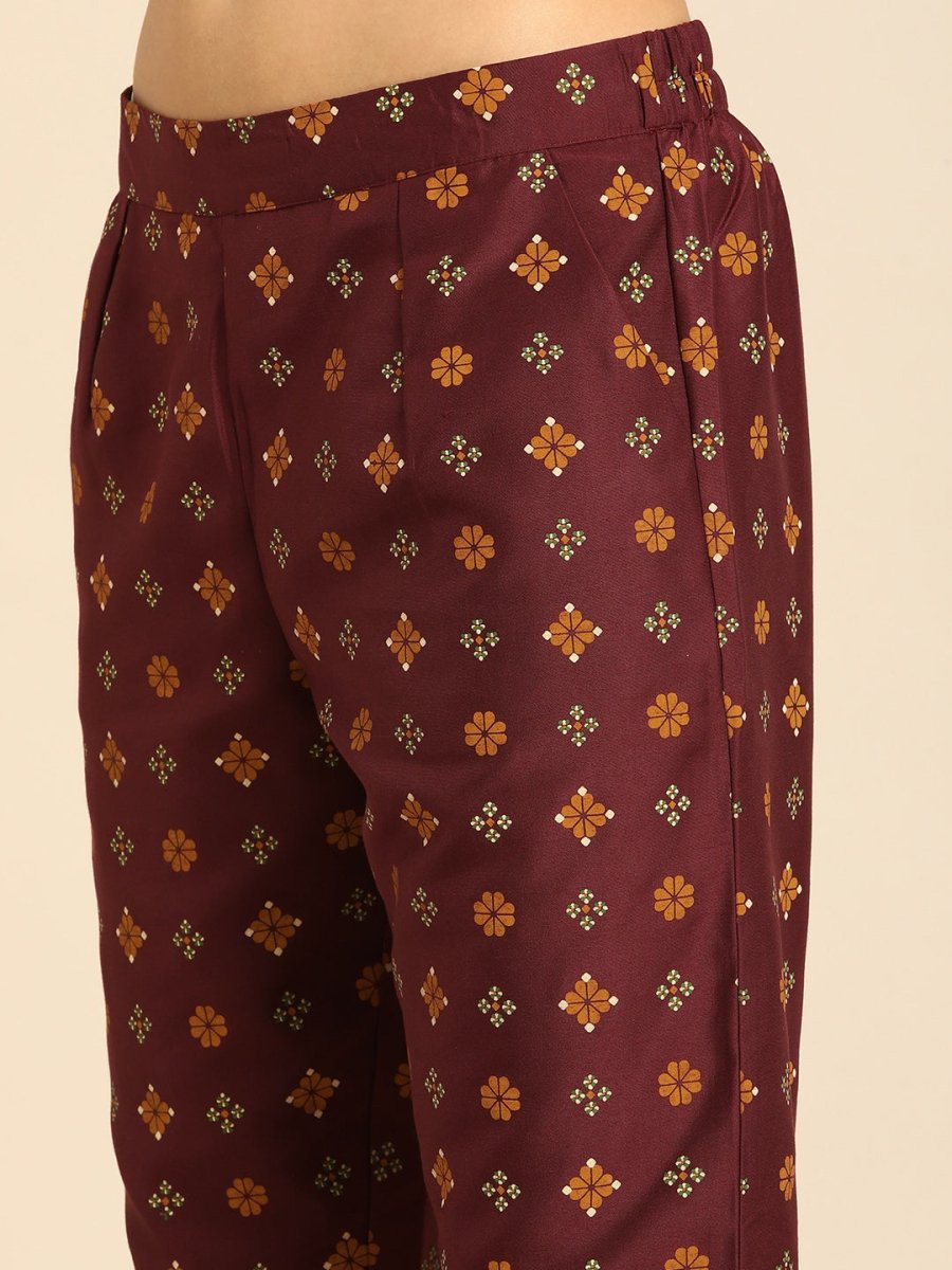 All About You Women Maroon Floral Yoke Design Regular Kurta with Trousers