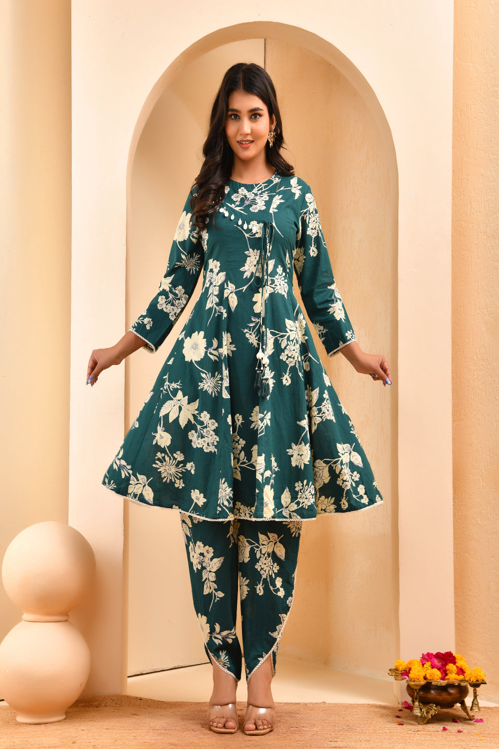 Vaasva Women Green Short Anarkali Kurta With Printed Pants