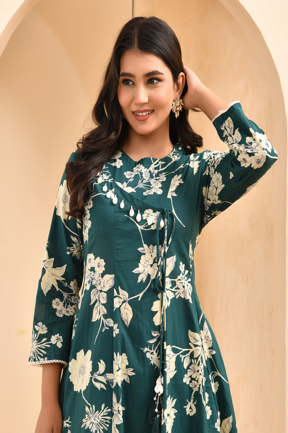 Vaasva Women Green Short Anarkali Kurta With Printed Pants