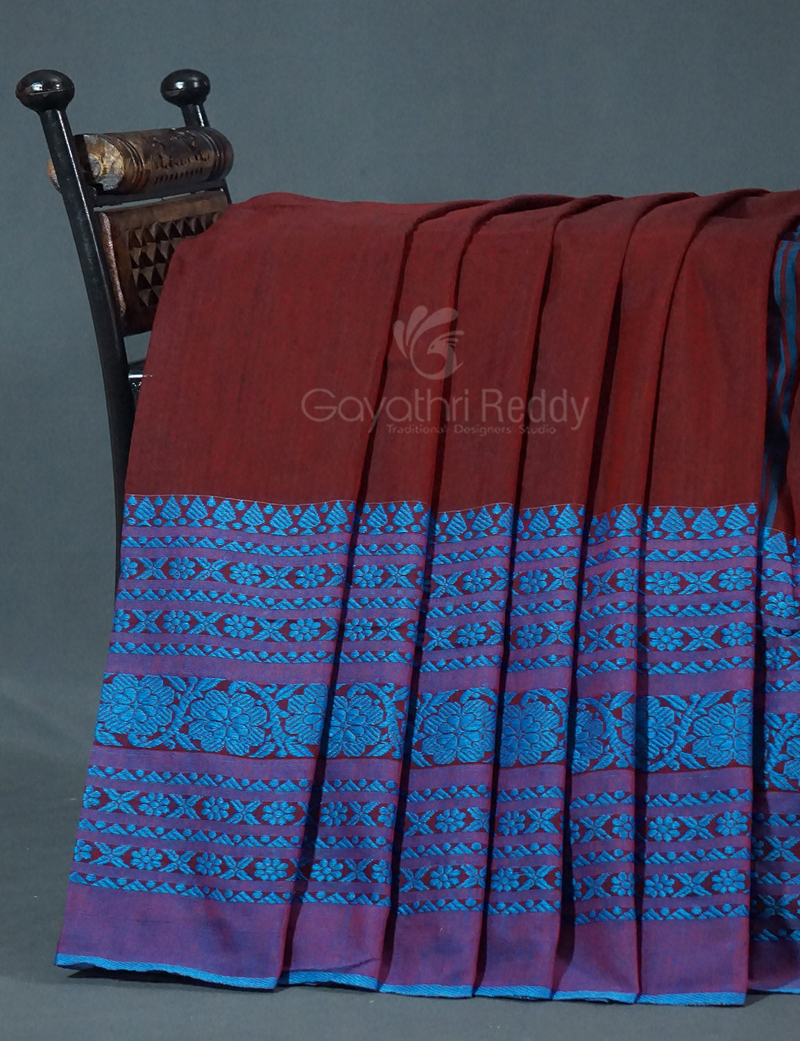 Maroon And Ink Blue Colour Pure Kadi Cotton Saree By Gayathri Reddy Designer Studio