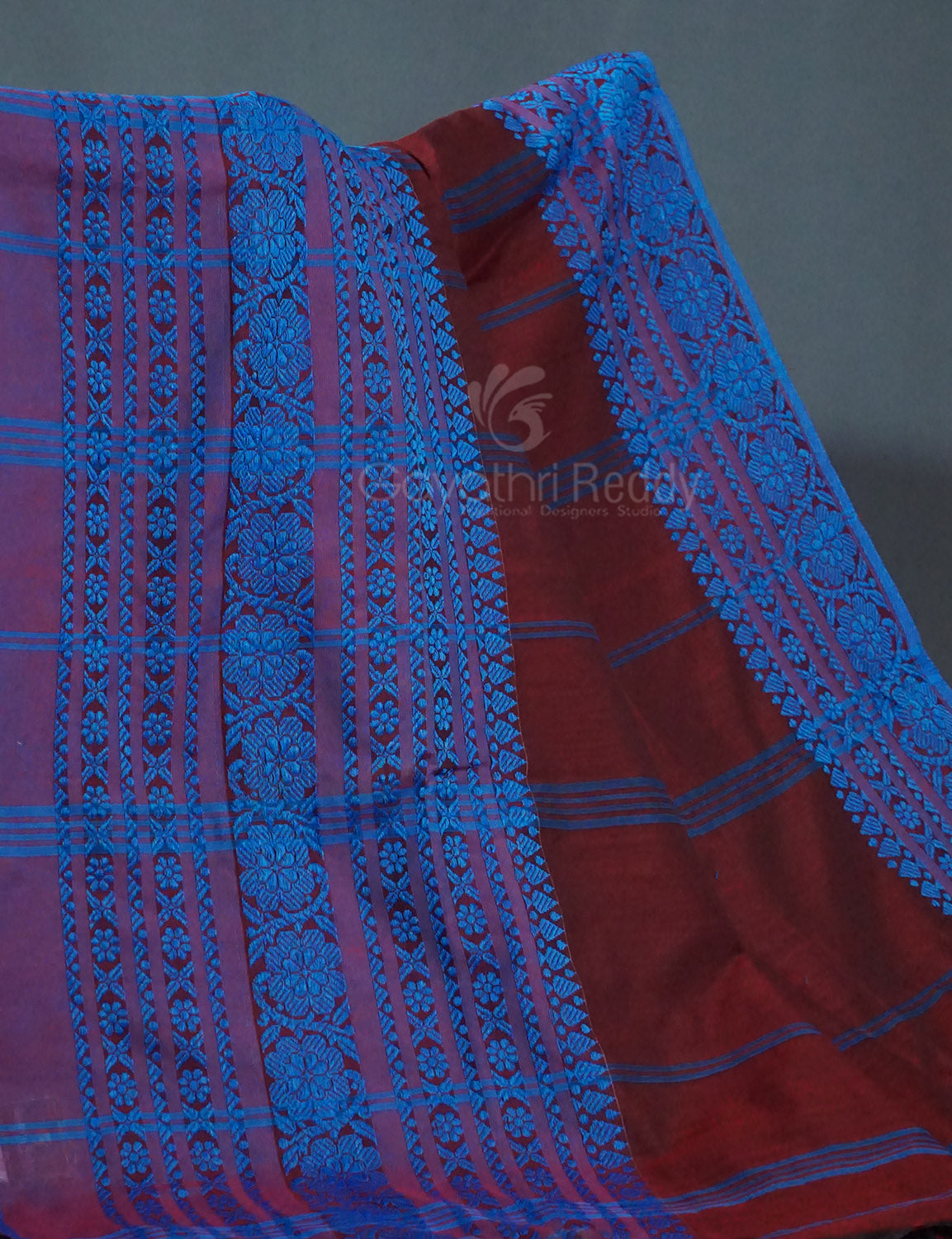 Maroon And Ink Blue Colour Pure Kadi Cotton Saree By Gayathri Reddy Designer Studio