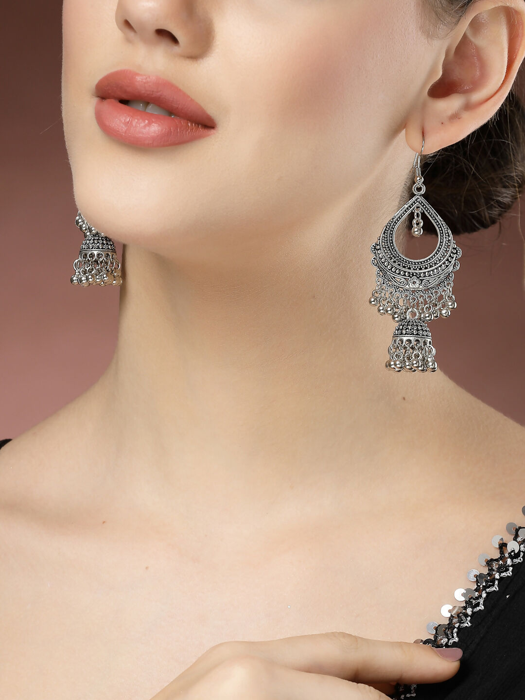 NVR Women's Silver-Plated German Silver Oxidized Jhumka Earrings