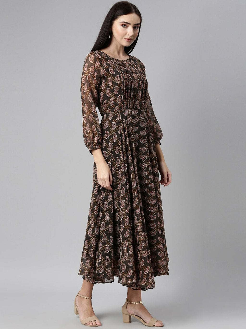Souchii Olive Green & Red Ethnic Motifs Printed Chiffon A-Line Maxi Dress