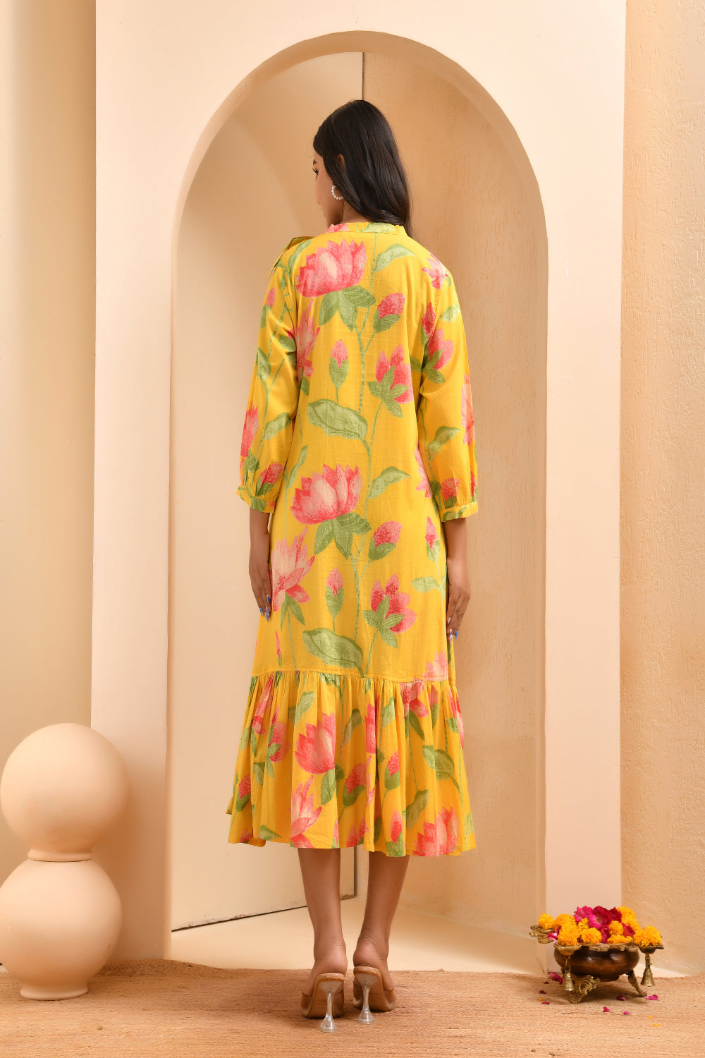 Vaasva Women Floral Printed Lemon Dress