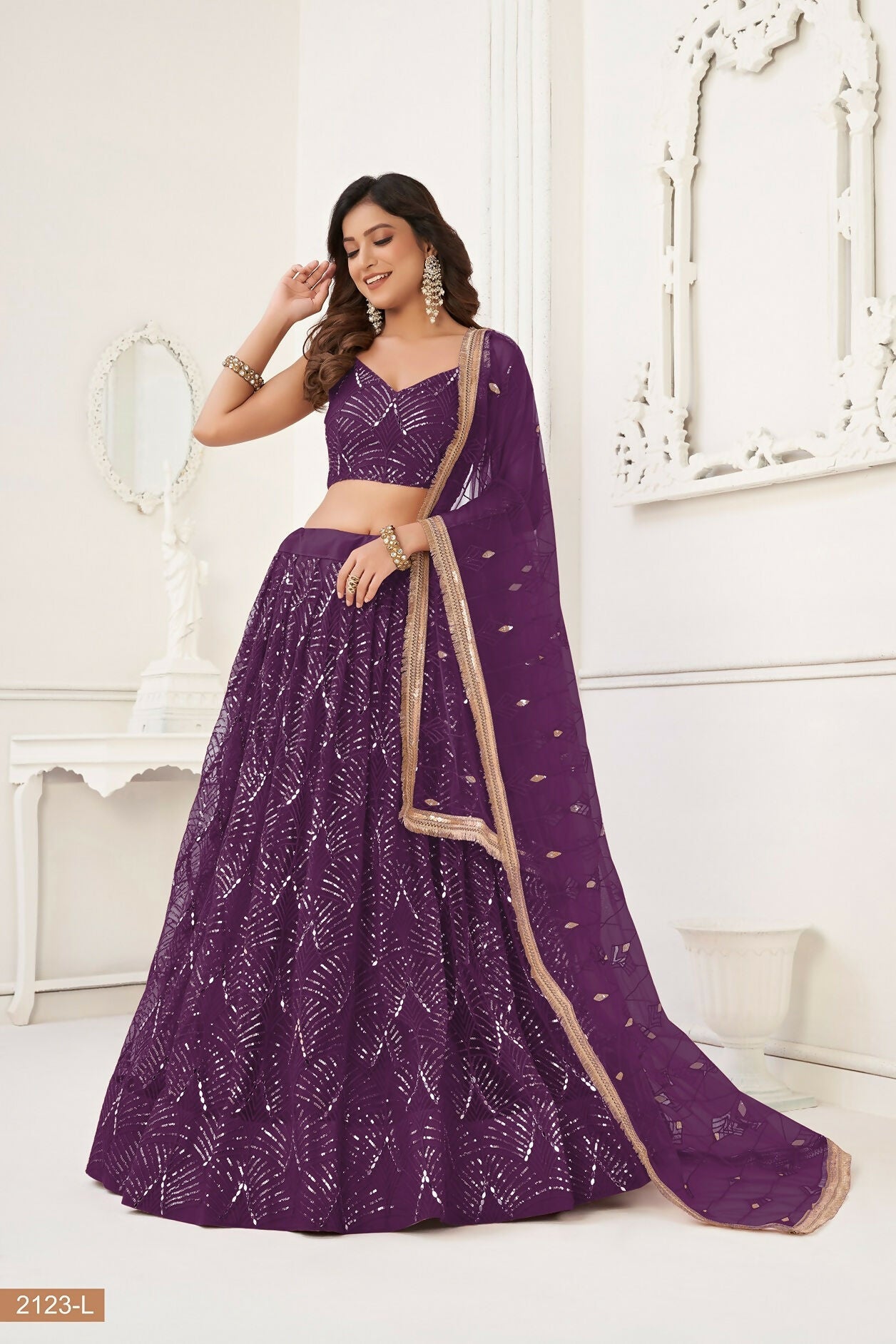 Eilara Wine Thread Sequin Embroidered Net Lehenga Set