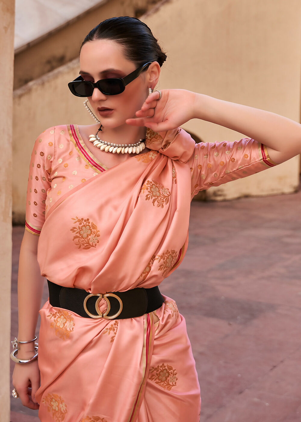Coral Pink Pure Satin Zari Weaving Wedding Festive Saree - Emponline