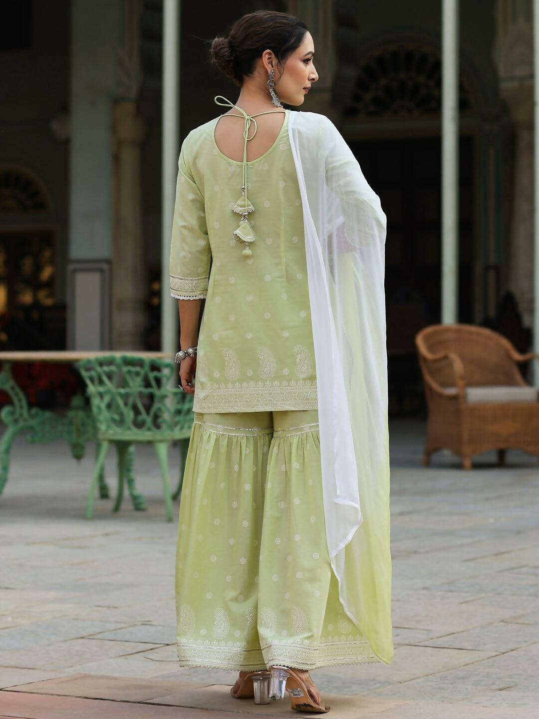 Juniper Women's Lime Green Cambric Floral Print Kurta Sharara Sets