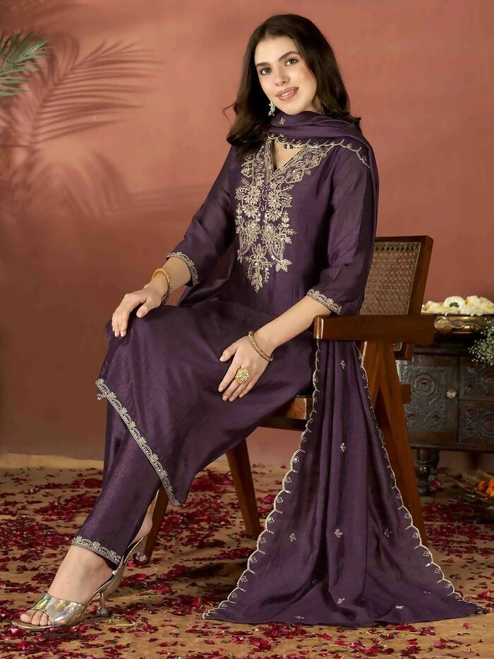 The52 Wine Women's Gorgeous Vichitra Fabric Embroidered Work Straight Kurta Pant and Dupatta Set