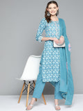 HERE&NOW Women Blue Floral Printed Thread Work Pure Cotton Kurta with Trousers & With Dupatta