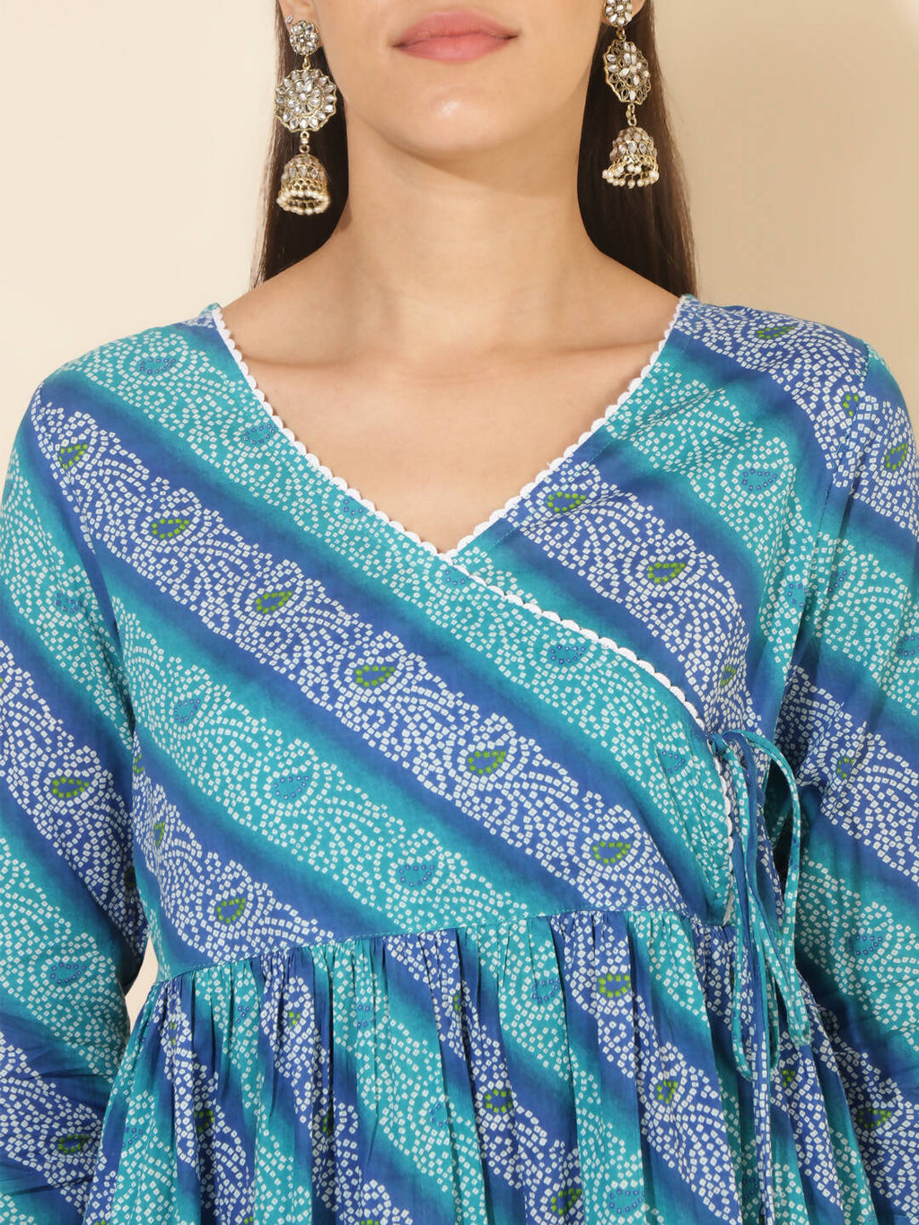 Janasya Women's Blue Cotton Bandhani Printed Casual Angrakha Co-ords