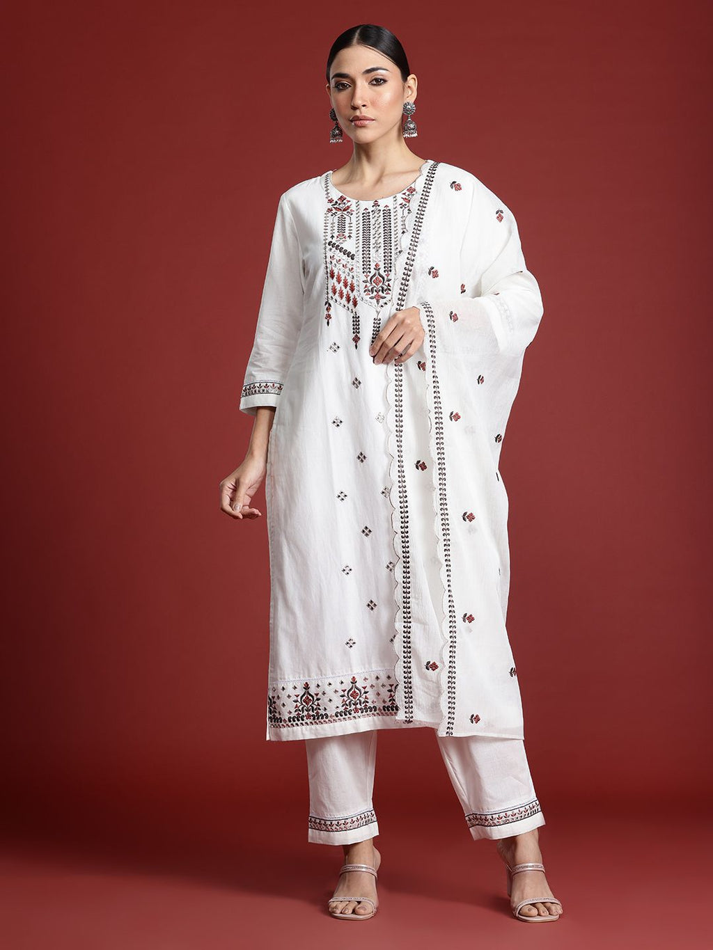 Indo Era Floral Embroidered Thread Work Pure Cotton Kurta with Trousers & With Dupatta