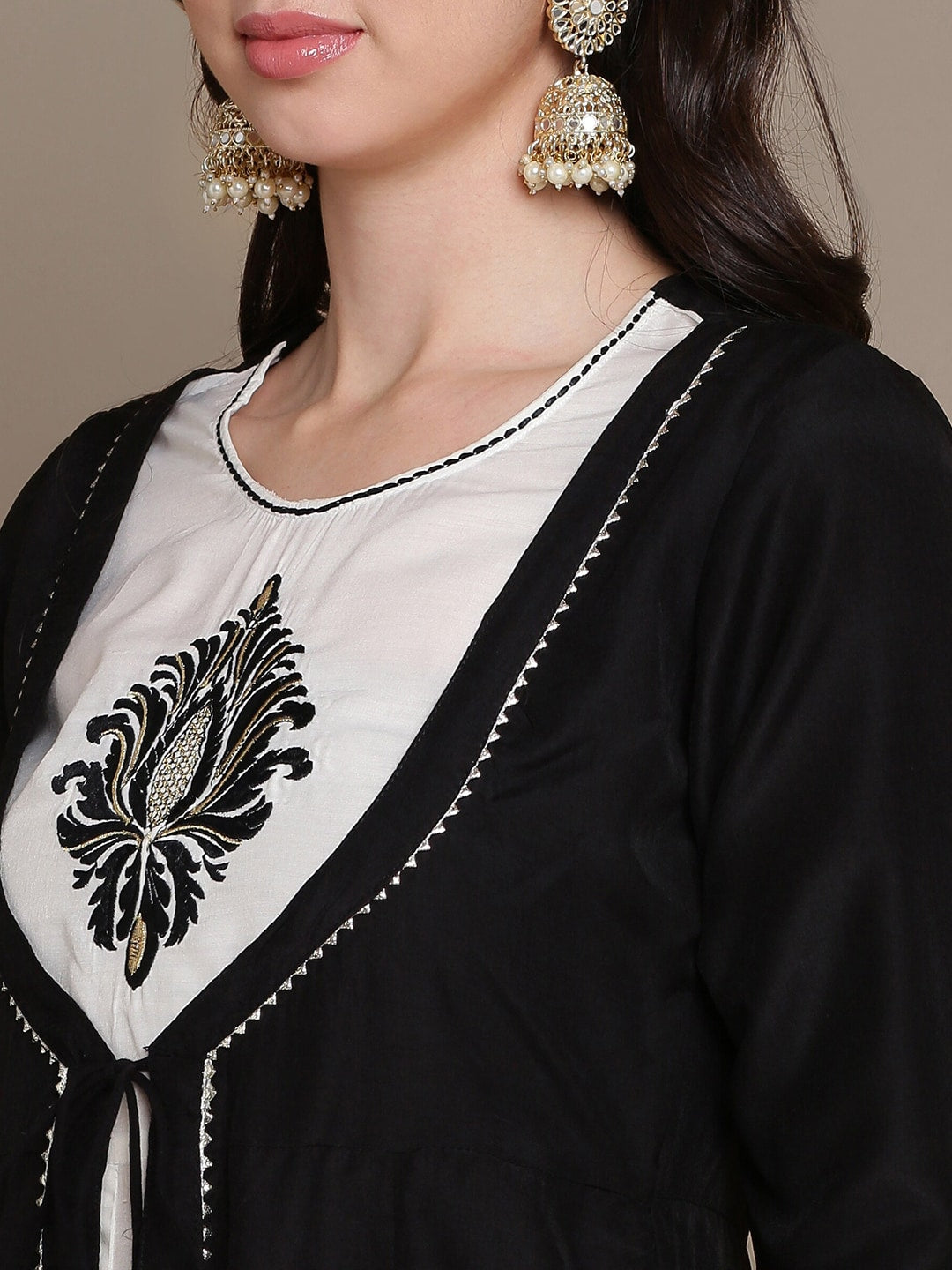 HERE&NOW Ethnic Motifs Embroidered Layered A-Line Cotton Kurta