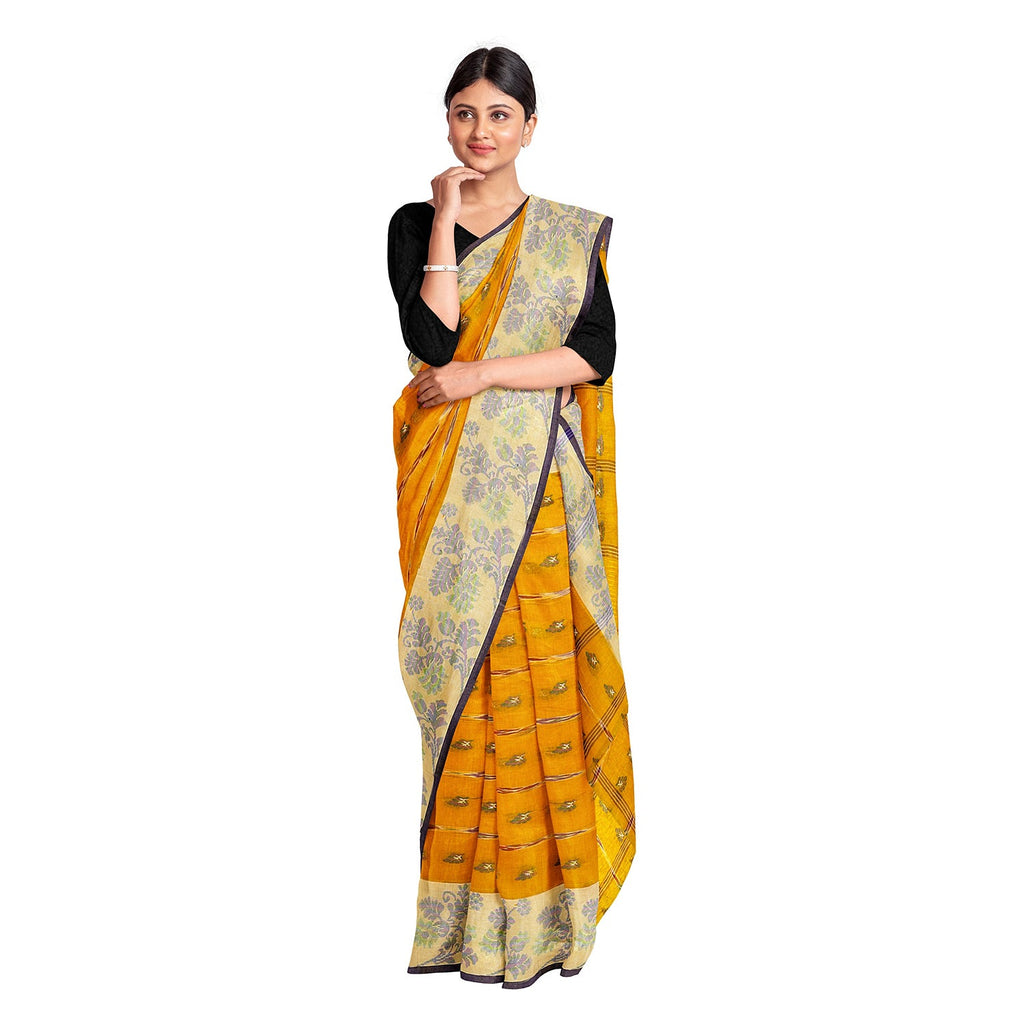 Exclusive Collection 100% Pure Cotton Yellow Tant Saree With Hand Weaving Work