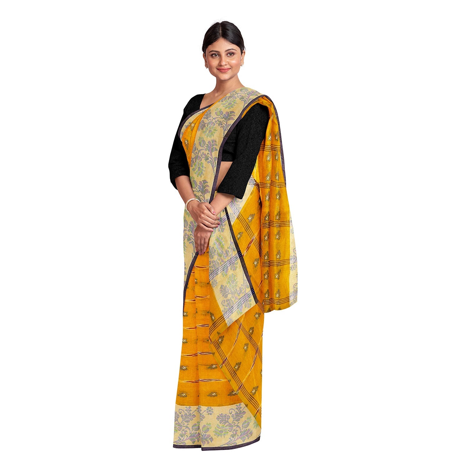 Exclusive Collection 100% Pure Cotton Yellow Tant Saree With Hand Weaving Work