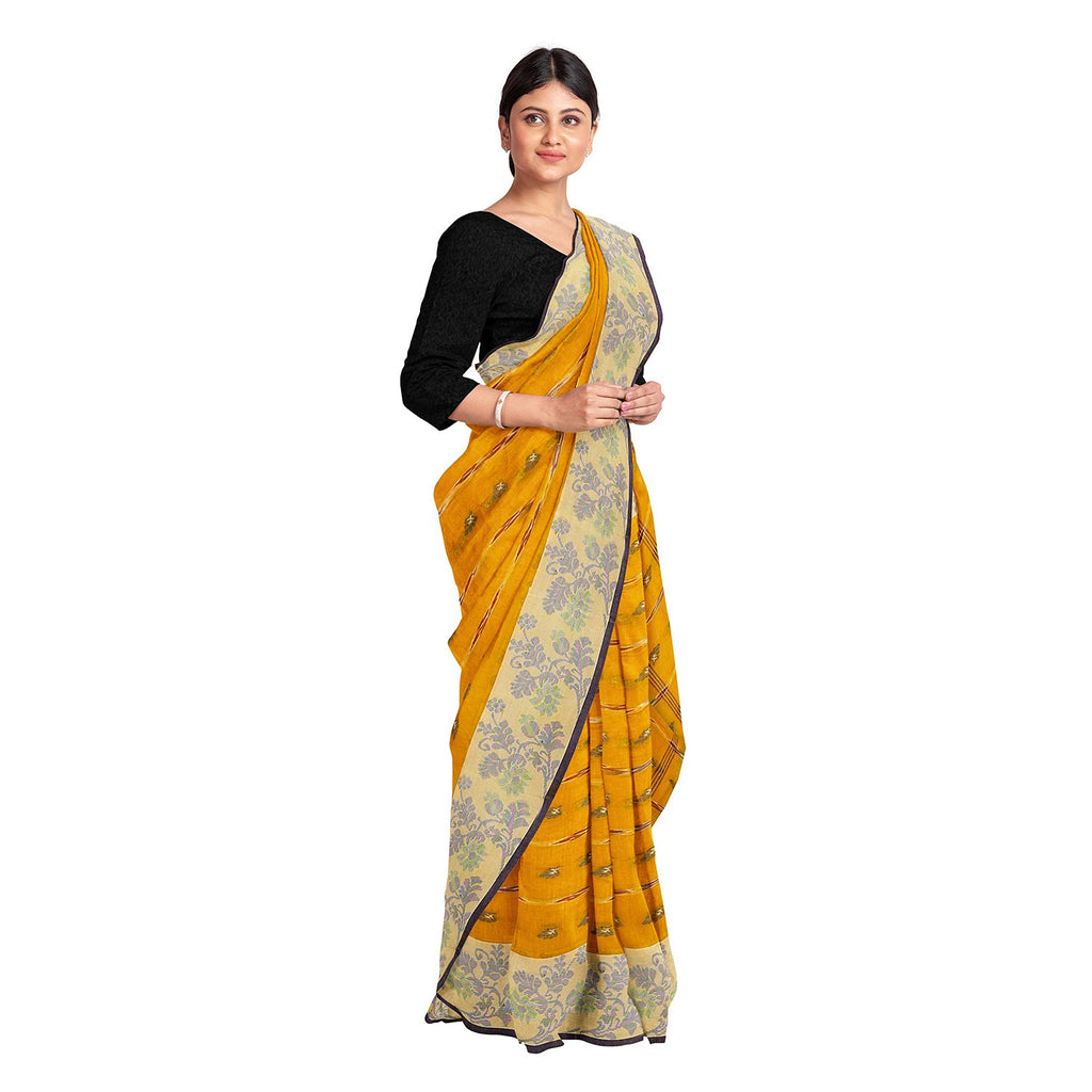 Exclusive Collection 100% Pure Cotton Yellow Tant Saree With Hand Weaving Work