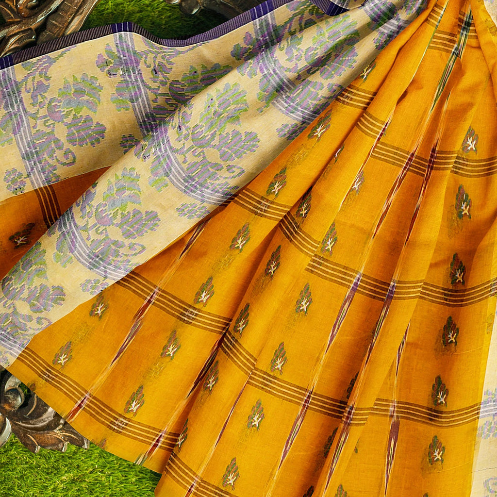 Exclusive Collection 100% Pure Cotton Yellow Tant Saree With Hand Weaving Work
