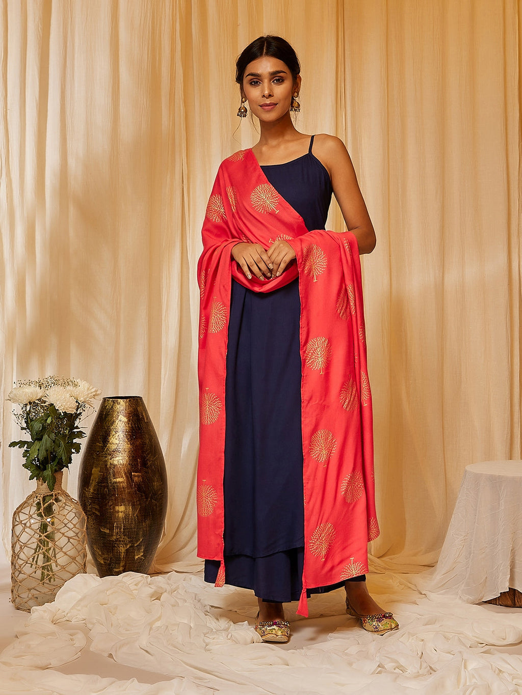 InWeave Women's Navy Blue Strappy Kurta Palazzo Set With Red Gold Dupatta