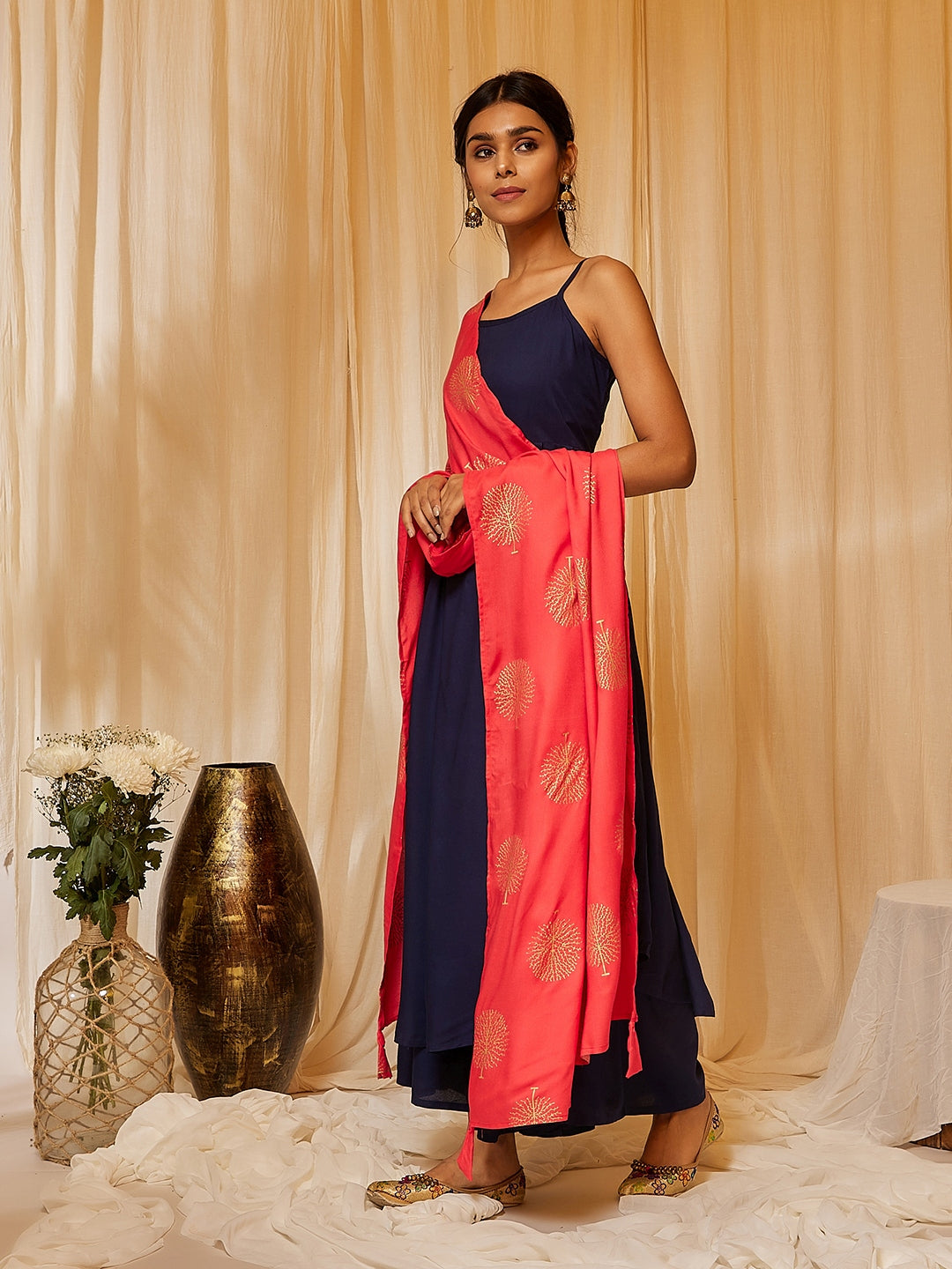 InWeave Women's Navy Blue Strappy Kurta Palazzo Set With Red Gold Dupatta