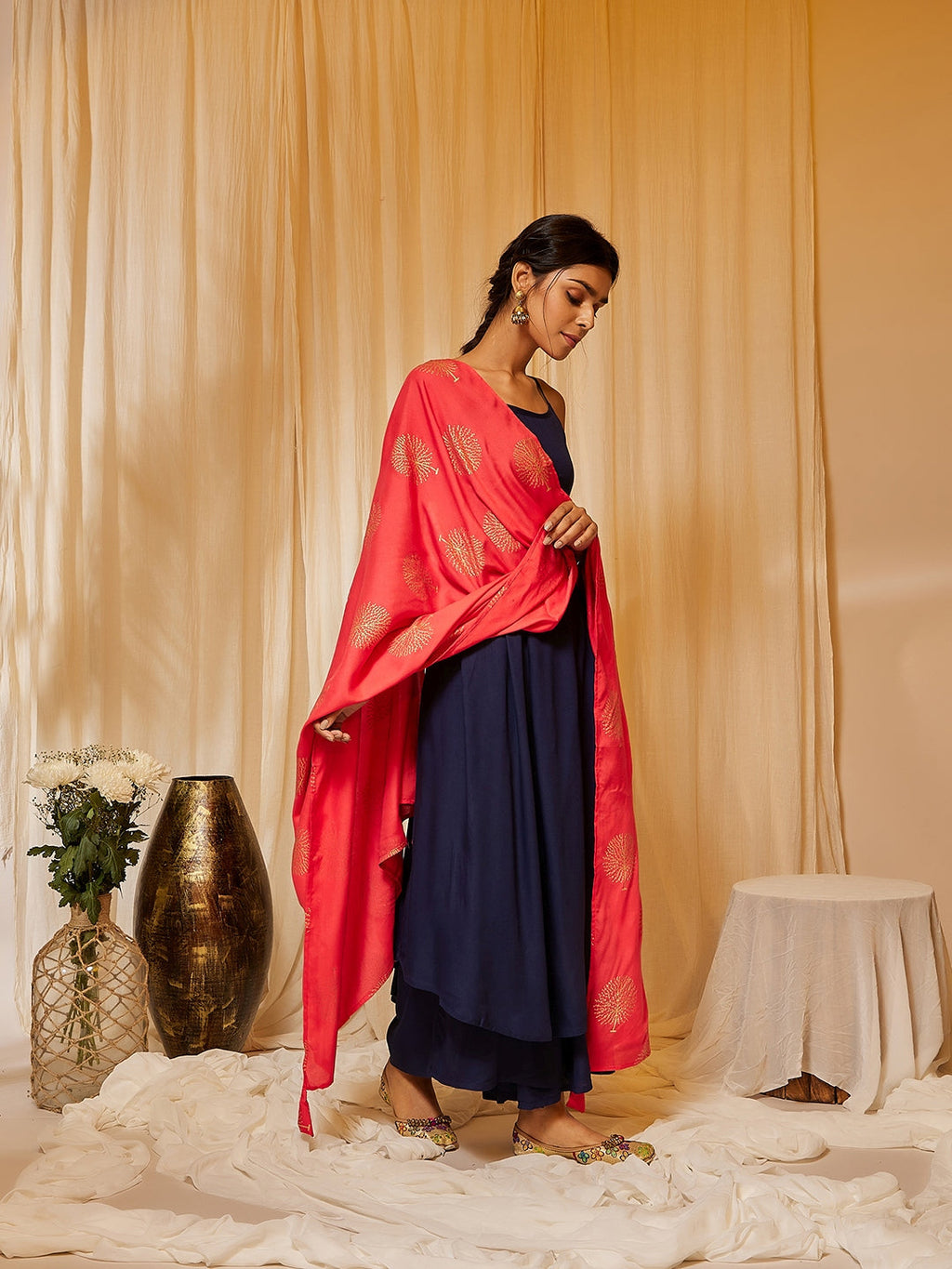InWeave Women's Navy Blue Strappy Kurta Palazzo Set With Red Gold Dupatta