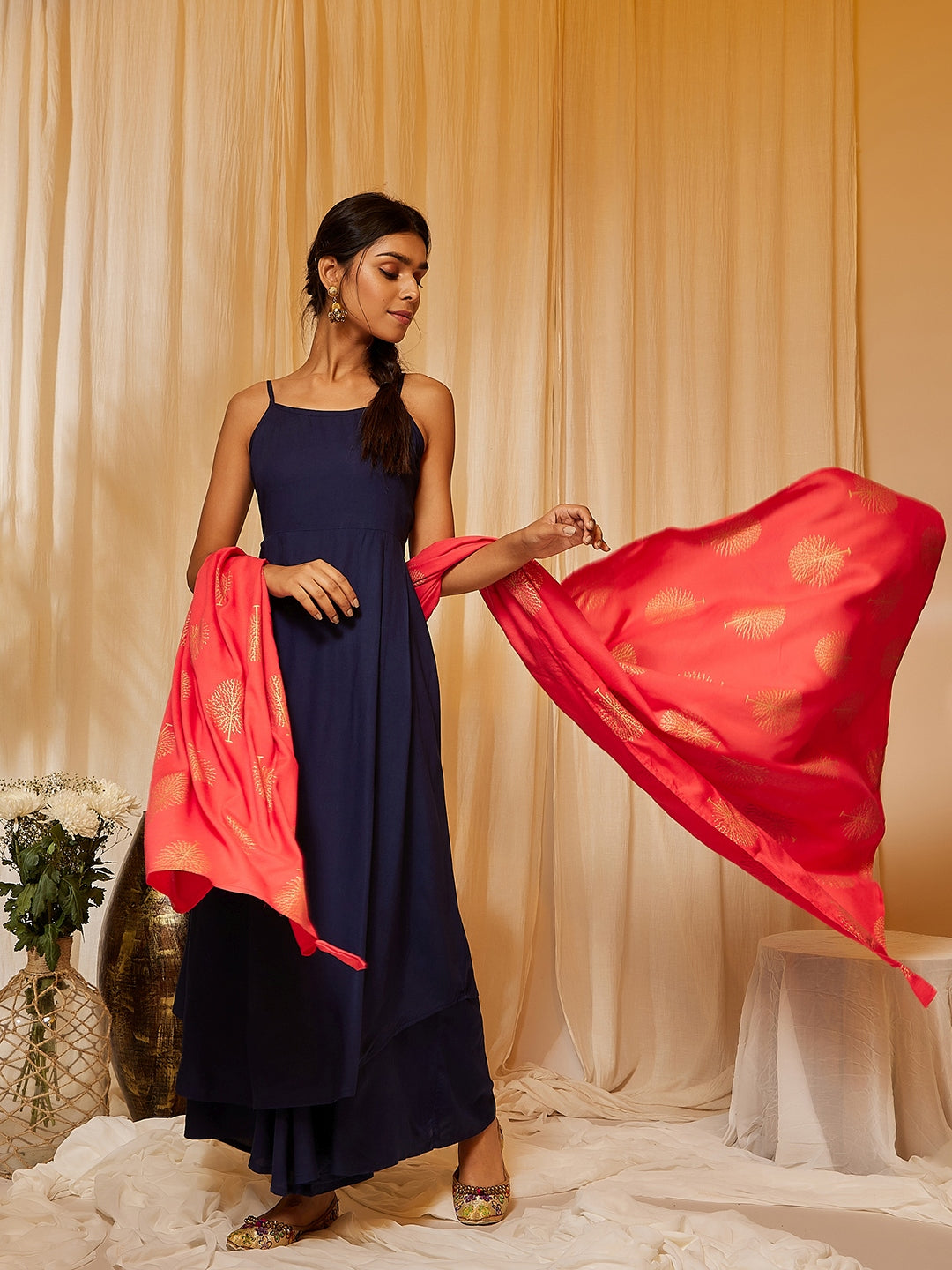 InWeave Women's Navy Blue Strappy Kurta Palazzo Set With Red Gold Dupatta