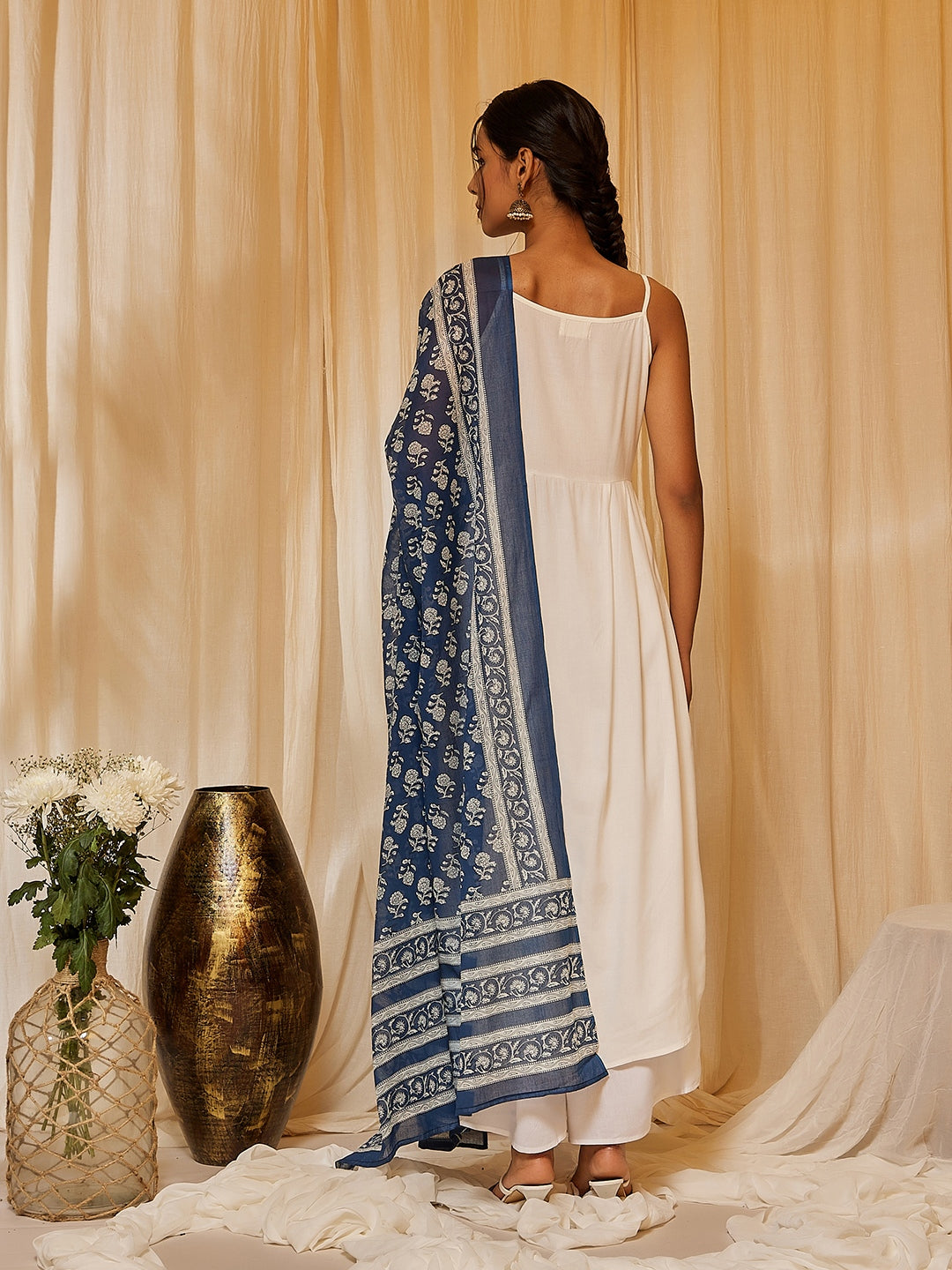InWeave Women's White Strappy Kurta Palazzo Set