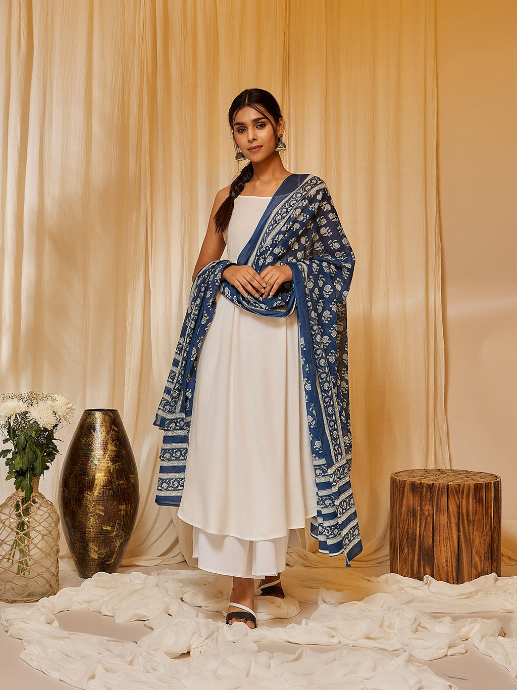 InWeave Women's White Strappy Kurta Palazzo Set