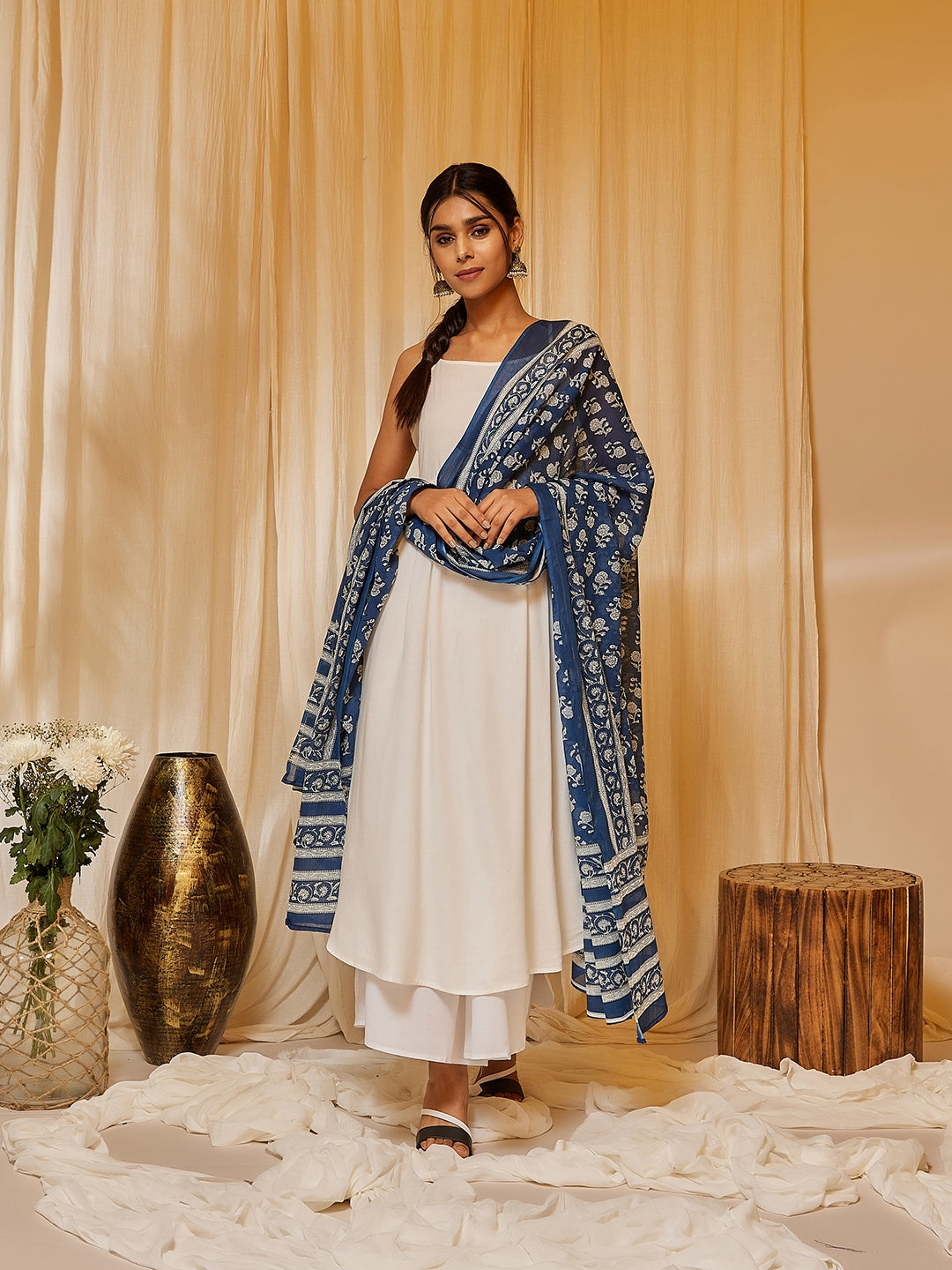 InWeave Women's White Strappy Kurta Palazzo Set