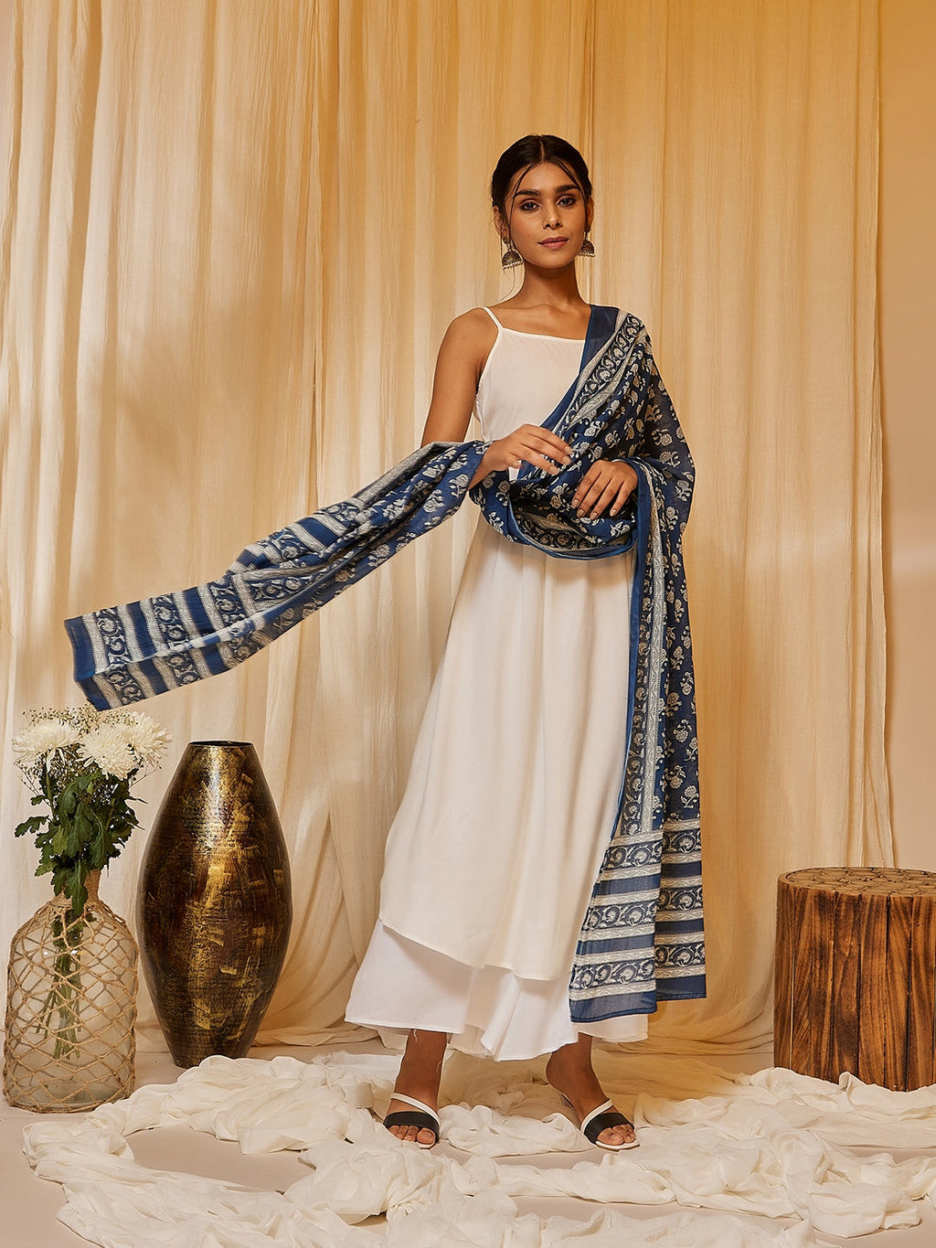 InWeave Women's White Strappy Kurta Palazzo Set