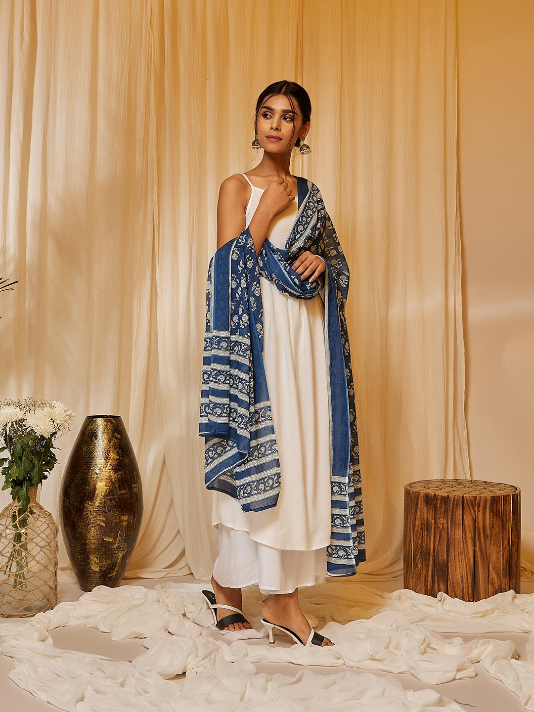 InWeave Women's White Strappy Kurta Palazzo Set