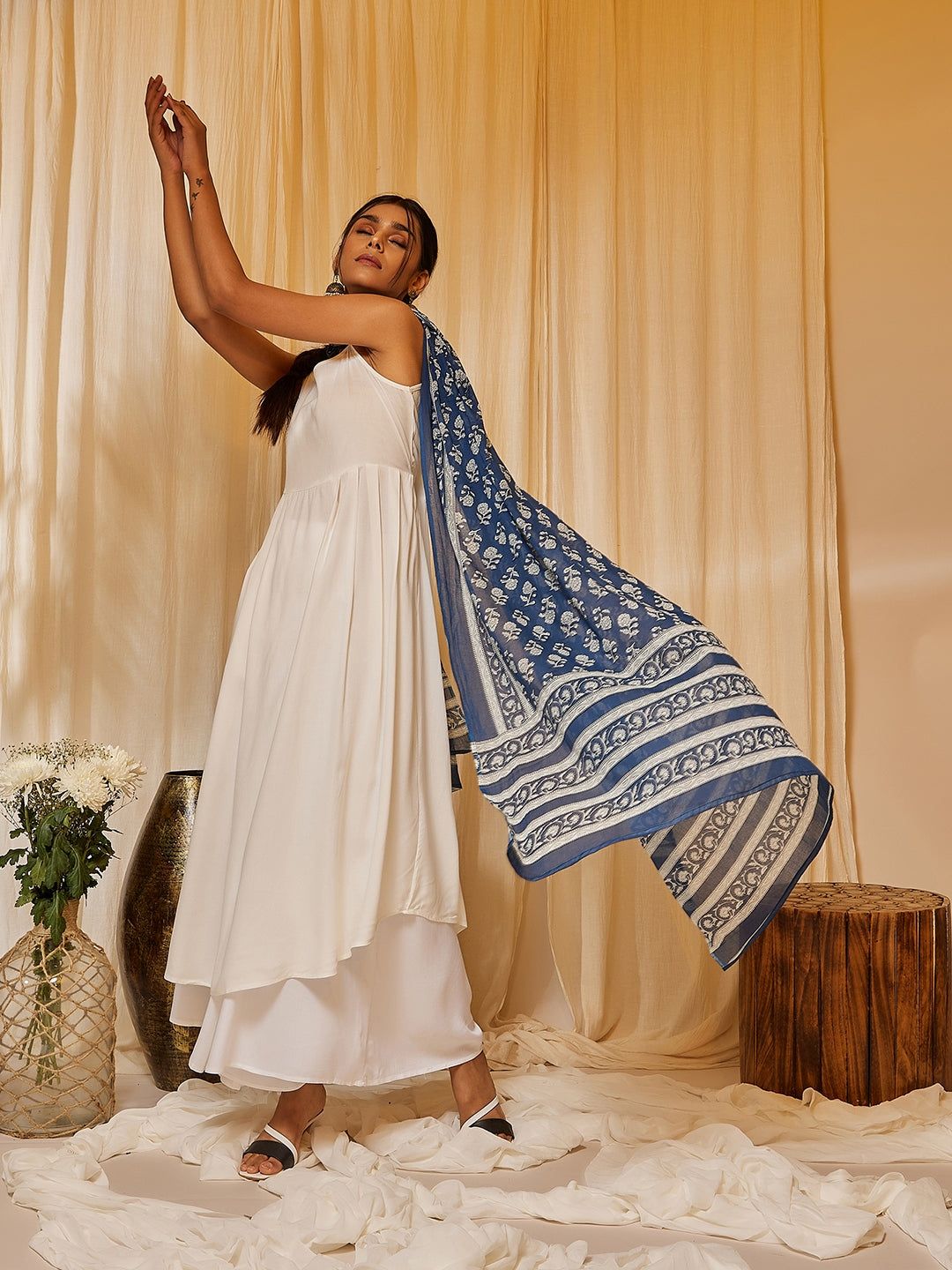 InWeave Women's White Strappy Kurta Palazzo Set