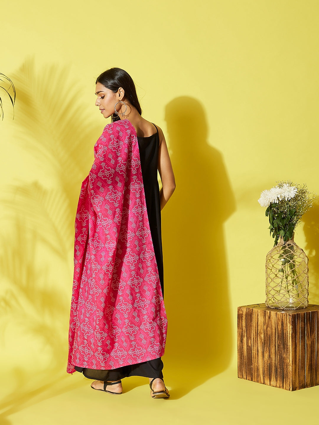 InWeave Women's Black Strappy Kurta Palazzo Set With Pink Bandhini Dupatta
