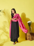 InWeave Women's Black Strappy Kurta Palazzo Set With Pink Bandhini Dupatta