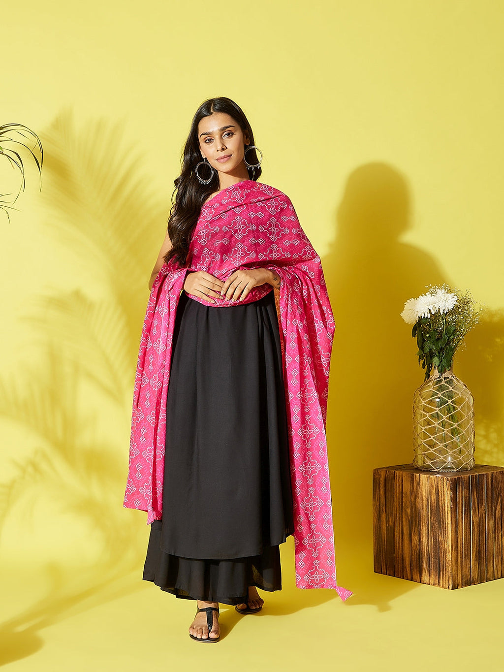 InWeave Women's Black Strappy Kurta Palazzo Set With Pink Bandhini Dupatta