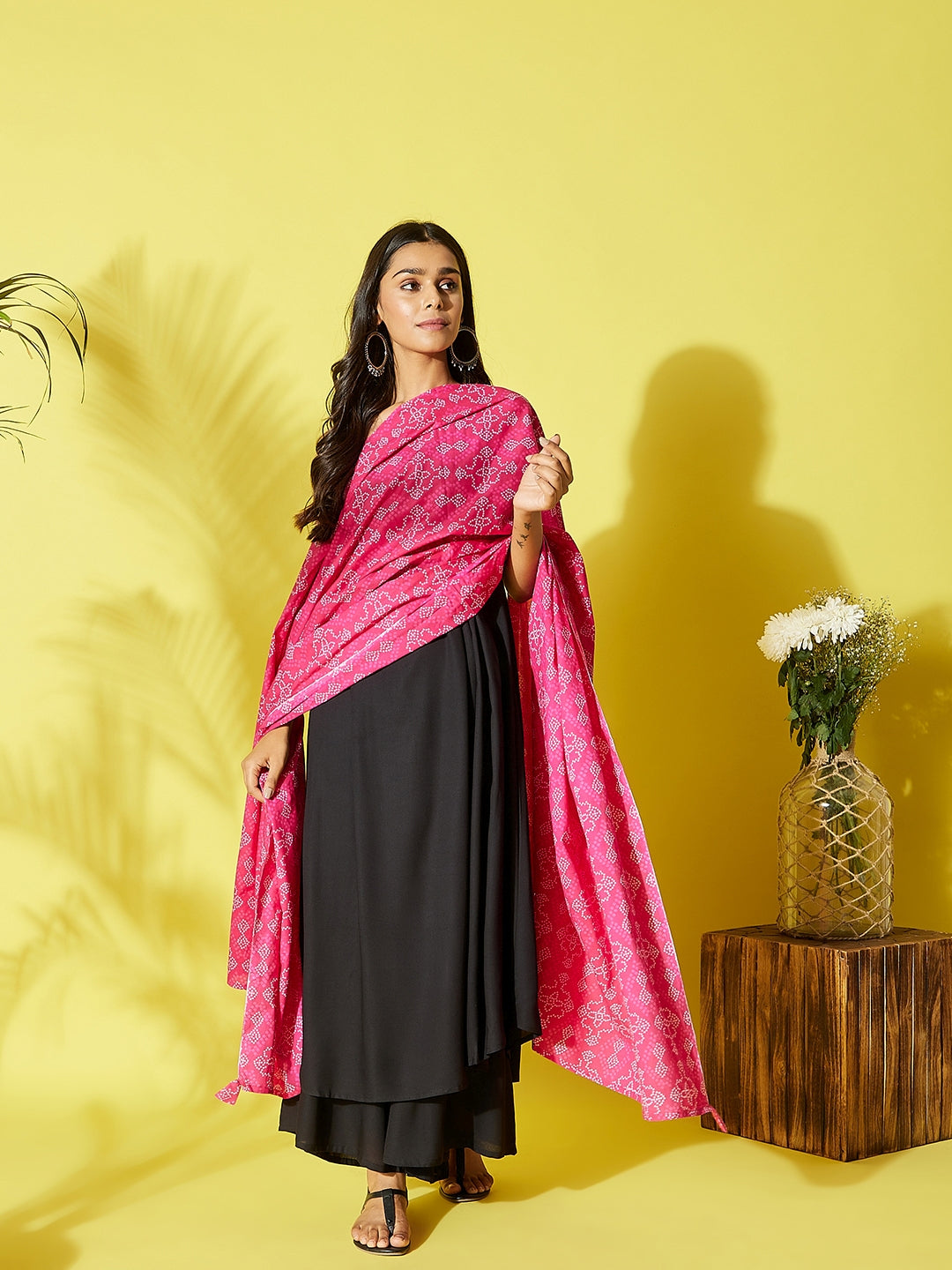 InWeave Women's Black Strappy Kurta Palazzo Set With Pink Bandhini Dupatta