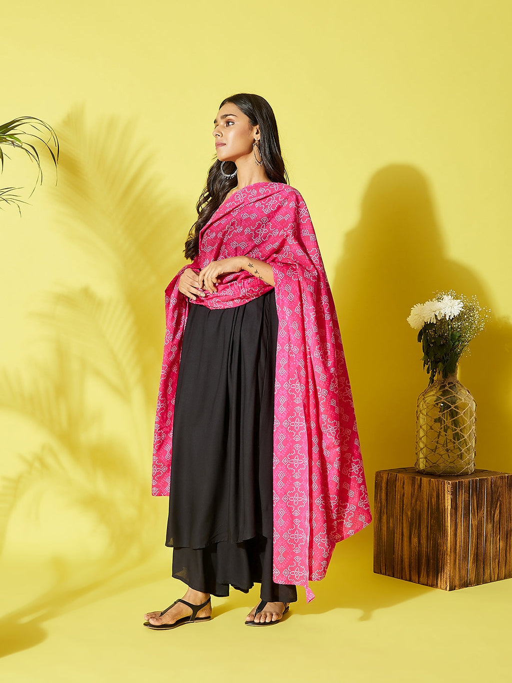 InWeave Women's Black Strappy Kurta Palazzo Set With Pink Bandhini Dupatta