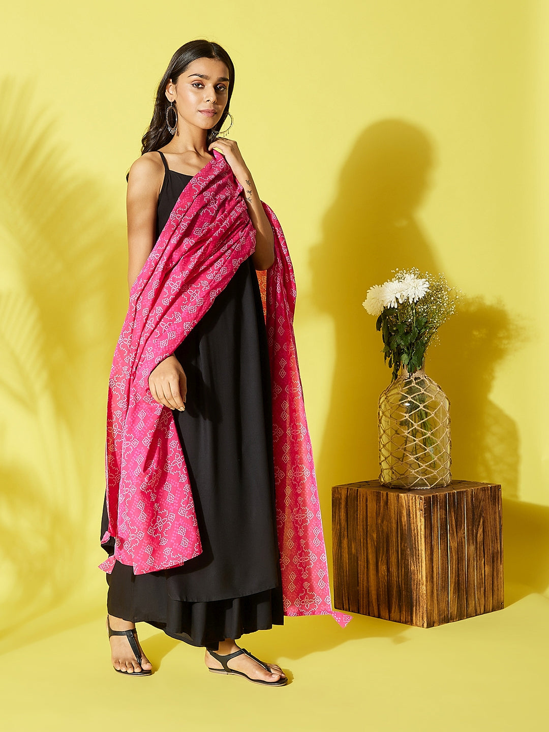 InWeave Women's Black Strappy Kurta Palazzo Set With Pink Bandhini Dupatta